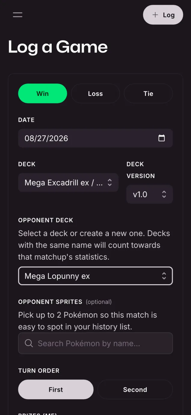 Logging a game in the web app on a phone: result, date, deck, deck version, opponent deck and turn order