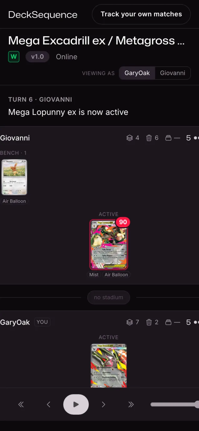A battle-log replay in the web app on a phone: both players' boards mid-game, with damage sitting on the active Pokémon