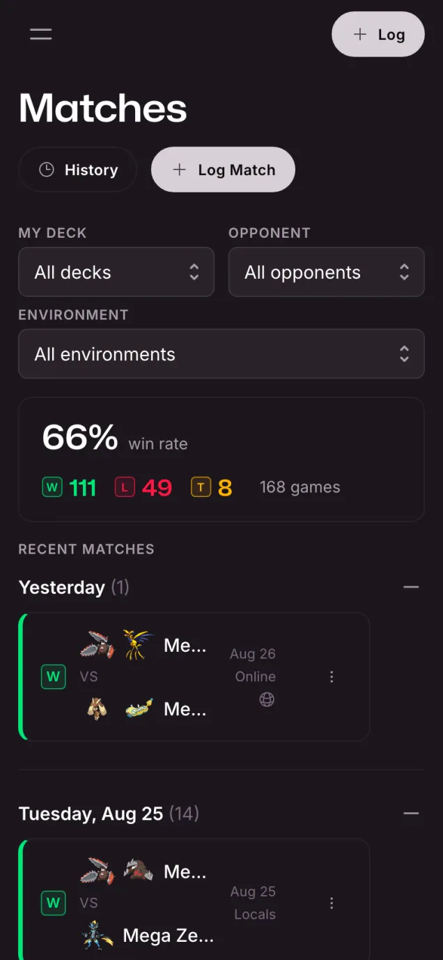 The DeckSequence web app on a phone: match history with a 66% win rate across 168 logged games, each match tinted green for a win or red for a loss