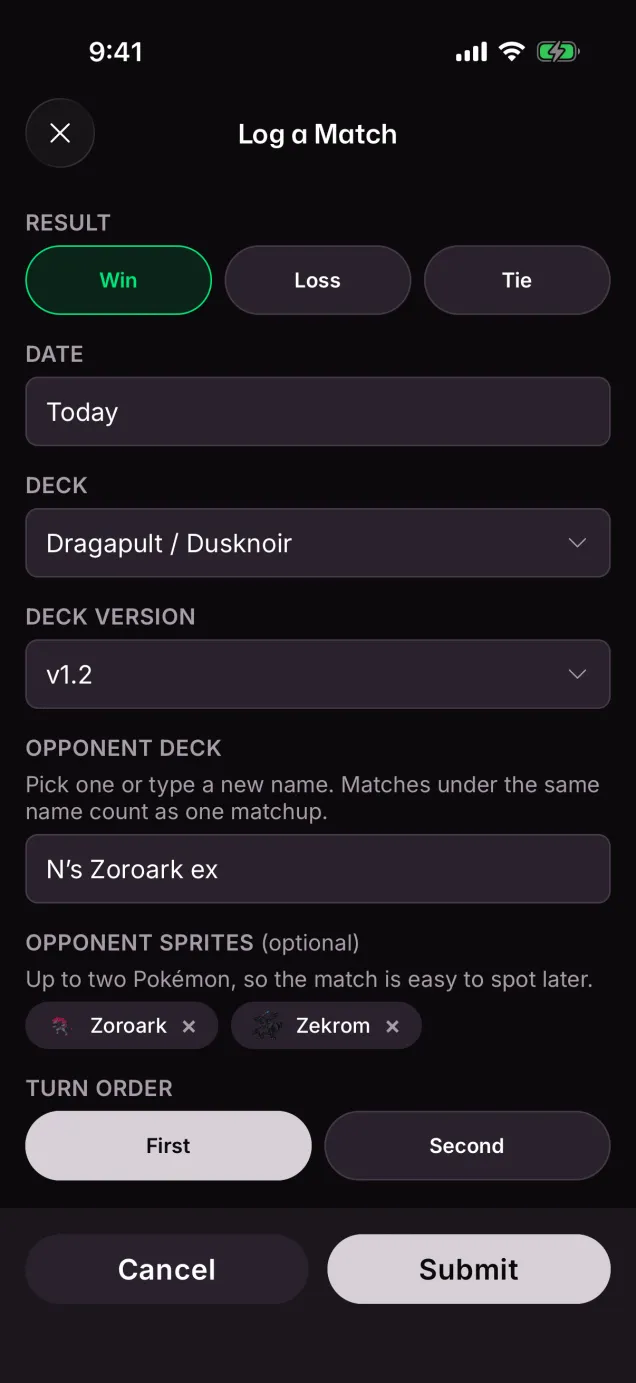 Logging a win on iOS: date, deck, deck version, opponent deck with sprites, and turn order
