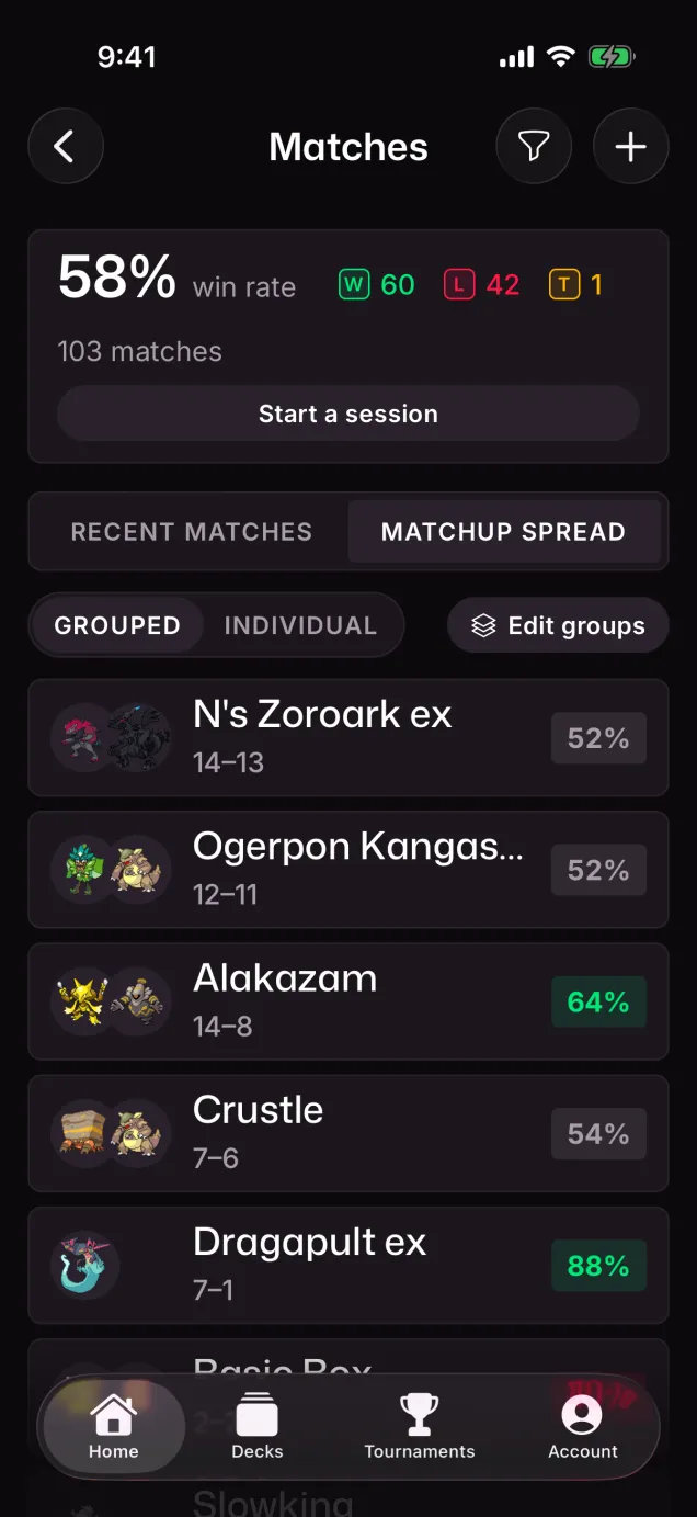 The matchup spread on iOS: record and win rate against each opponent deck