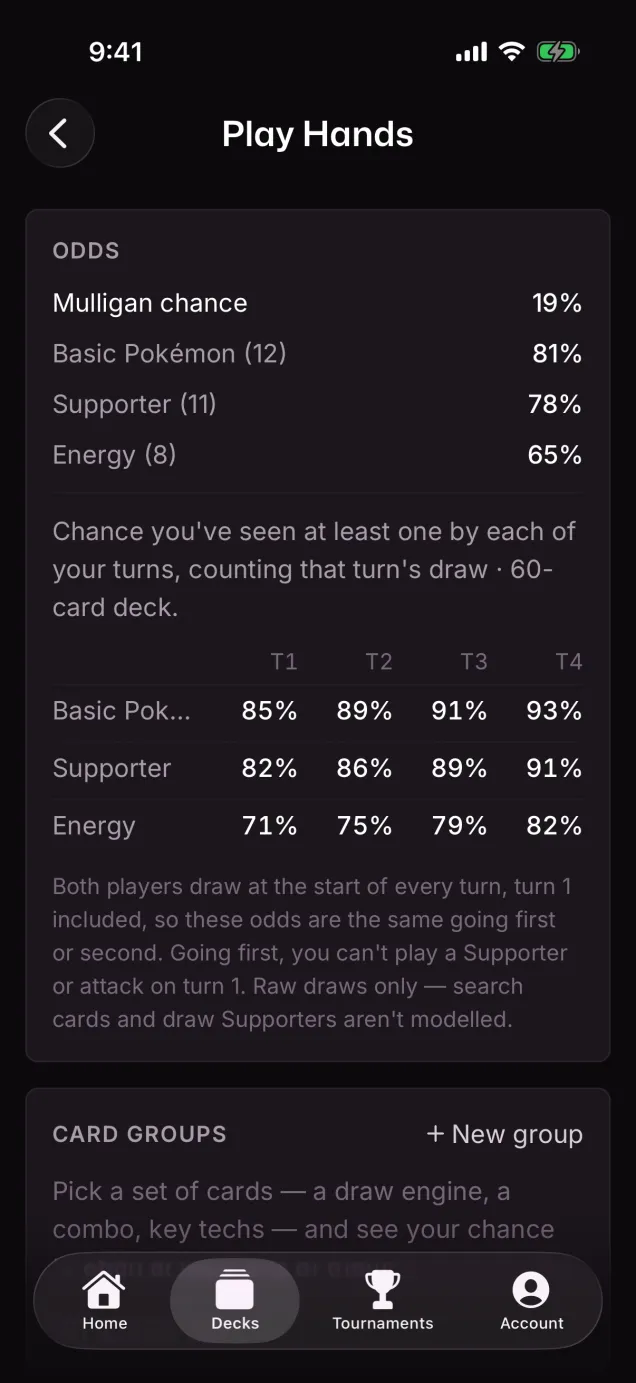 Opening-hand odds on iOS: mulligan chance and the chance to see a Basic, a Supporter or an Energy by each turn