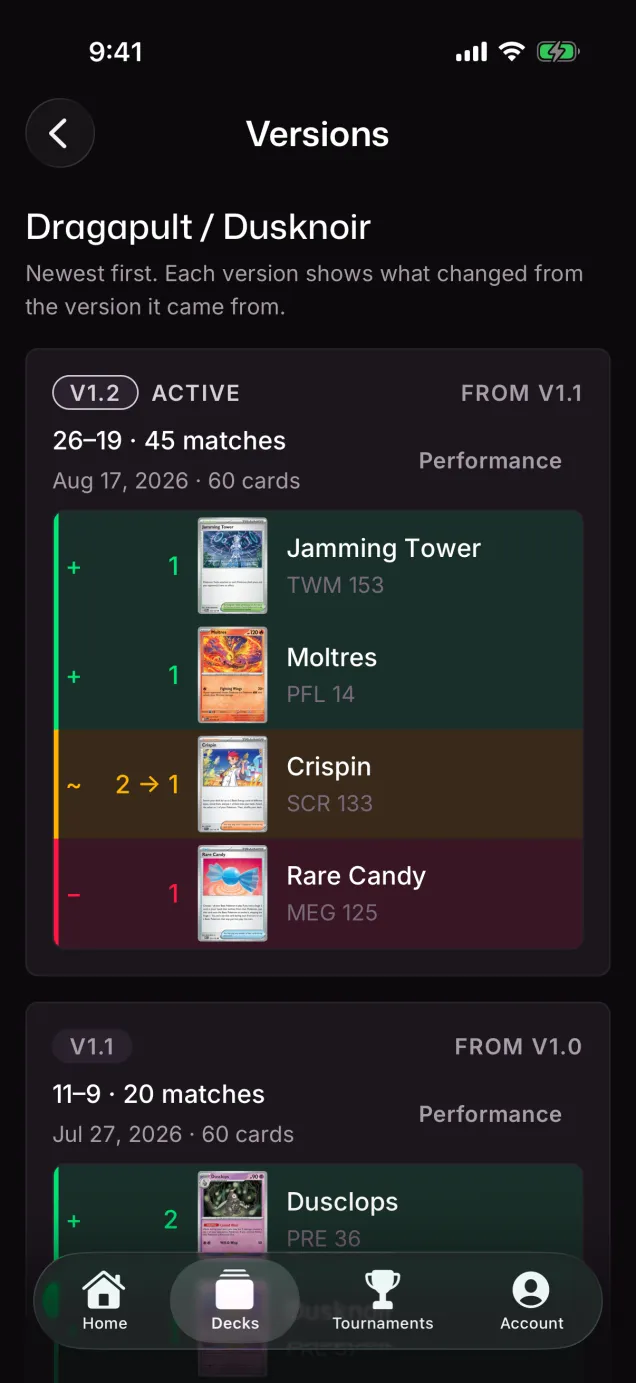 A deck's version history on iOS: v1.2 adds Jamming Tower and Moltres and cuts Crispin and Rare Candy, with its 26–19 record